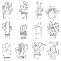 Set of Sketch hand drawn cactus coloring page and clip art. vector