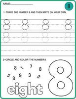 Tracing numbers activity. Trace the number 8 Educational children game, printable worksheet vector