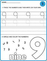 Tracing numbers activity. Trace the number 9 Educational children game, printable worksheet vector