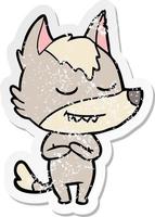 distressed sticker of a friendly cartoon wolf vector