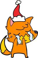 Dibujo de línea de zorro llorando de un sombrero de Papá Noel que lleva puesto vector