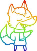 dibujo de línea de gradiente de arco iris lobo de dibujos animados en bufanda riendo vector