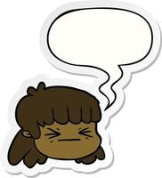 cartoon female face and speech bubble sticker vector