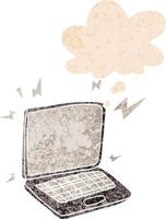 cartoon laptop computer and thought bubble in retro textured style vector