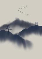 Japanese themed hand painted mountain landscape vector