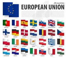 European Union . EU . Waving zig zag ribbon flag design . Europe map on background . Element vector .