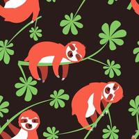 Seamless pattern of a sloth hanging on a cecropia branch on a dark background vector