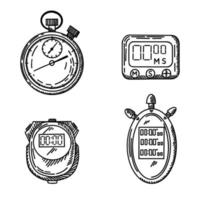 Set stopwatch sketched isolated. Timer in hand drawn style. vector