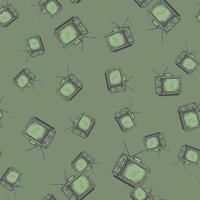 Retro TV with antenna engraved seamless pattern. Vintage television in hand drawn style. vector