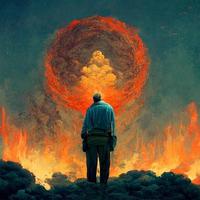 hombre mirando al cielo mientras está en una tierra en llamas foto