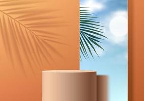 Realistic 3D orange cylinder stand podium with blue sky in mirror glasses, Palm leaf shadow background. Vector abstract with geometric forms. Summer minimal scene for products display. Stage showcase.