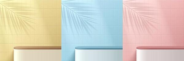Set of realistic 3d background white stand podium on pink, yellow and blue square tile wall with leaf shadow. Vector geometric forms. Abstract minimal scene products stage showcase, Promotion display.
