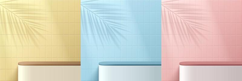 Set of realistic 3d background white stand podium on pink, yellow and blue square tile wall with leaf shadow. Vector geometric forms. Abstract minimal scene products stage showcase, Promotion display.