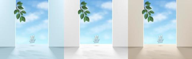 Set of realistic 3d podium background in white, blue, beige scene with green leaf and clouds blue sky. Abstract minimal wall scene for mockup products display, Stage showcase. Vector geometric forms.