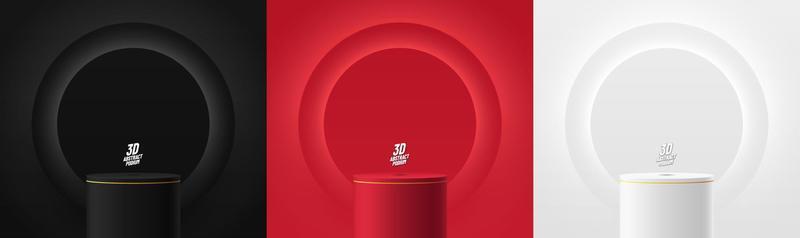 Set of realistic 3d background with cylinder stand podium. Black, red, white glowing light circles layers scene. Abstract minimal scene mockup products display, Stage showcase. Vector geometric forms.