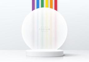 Realistic white cylinder pedestal podium with circle scene and stripes rainbow color. Lgbtq concept. Abstract minimal scene for mockup product, stage showcase, promotion display. Vector geometric form