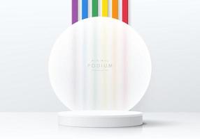 Realistic white cylinder pedestal podium with circle scene and stripes rainbow color. Lgbtq concept. Abstract minimal scene for mockup product, stage showcase, promotion display. Vector geometric form