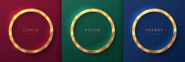 Set of golden 3D round frame on dark blue, red, green luxury background. Abstract circle podium for product display or copy space. Collection of geometric background. Top view elegant scene design.