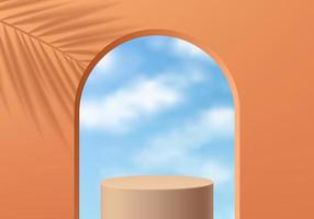 Realistic 3D orange cylinder stand podium with blue sky in arch shape, Leaf shadow background. Vector abstract with geometric forms design. Minimal wall scene for products display. Stage for showcase.