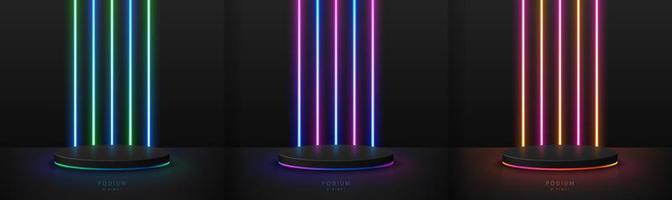 Set of realistic black 3D cylinder pedestal podium with red, pink, blue, yellow glowing vertical light neon background. Abstract minimal scene. Mockup products, Stage showcase, Vector geometric forms.