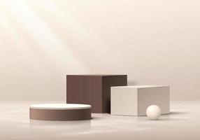 cubo de crema realista y podio de pedestal de cilindro marrón en un fondo 3d abstracto. escena de pared mínima para el escenario de productos de maqueta para exhibición, exhibición de promoción. diseño de formas geométricas vectoriales. vector