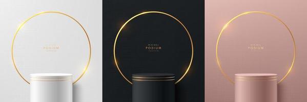 Set of 3D background with stand podium. Black, gold, silver and pink gold with luxury golden circle ring scene. Abstract minimal wall scene for mockup products display. Vector round stage showcase.