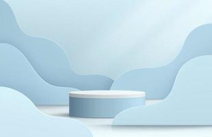 Realistic blue and white 3D cylinder pedestal podium with blue wavy shape layers background. Abstract minimal scene for mockup products, stage for showcase, promotion display. Vector geometric forms.