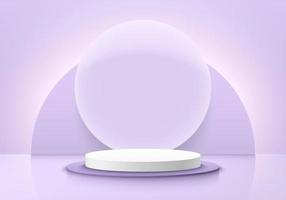 White, purple luxury geometric pedestal podium with glowing semi circle background. Vector abstract studio room with 3D platform design. Minimal scene for mockup products. Showcase, Promotion display.