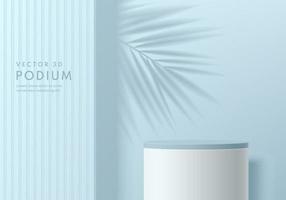 Realistic 3D blue, white cylinder stand podium with palm leaf shadow overlay background. Vector abstract with geometric form design. Minimal wall scene for mockup products display. Stage for showcase.