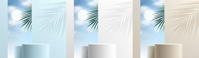 Set of realistic 3D blue, white and beige cylinder podium with blue sky in mirror glasses, Palm leaf shadow background. Vector geometric forms. Abstract minimal scene products display. Stage showcase.