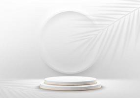 Realistic 3D white cylinder pedestal podium with circle scene and palm leaf shadow overlay background. Abstract minimal scene for products stage showcase, Promotion display. Vector geometric forms.