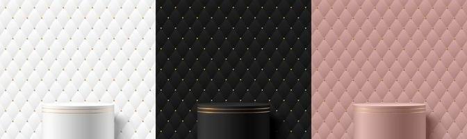 Set of 3D background with stand podium. Black, gold, silver and pink gold geometric with golden beads pattern. Abstract minimal wall scene for mockup products display. Vector round stage for Showcase.