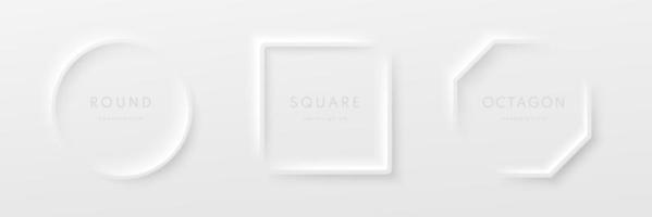 Set of realistic 3d geometric octagon, circle and square frame on white background in neumorphism style. Collection of Minimal frames isolated vector background with copy space. Top view design.