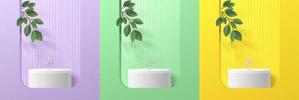 Set of realistic 3d cylinder stand podium in pastel yellow, purple, green wall scene with green leaf. Abstract minimal scene for mockup products display, Round stage showcase. Vector geometric forms.