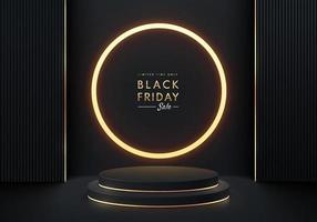 Black, gold realistic 3D cylinder pedestal podium with illuminate circle golden neon. Vector abstract with geometric forms. Black friday minimal scene for mockup  products showcase, Promotion display.