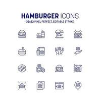 conjunto de iconos de hamburguesa. colección de iconos de hamburguesas de línea. símbolo de comida rápida de vector plano moderno