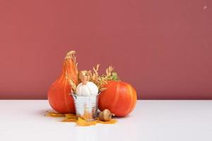 composición de otoño. calabazas y hojas secas sobre fondo rosa blanco. otoño otoño y concepto de día de acción de gracias. naturaleza muerta foto