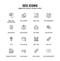 SEO icon set. Pixel perfect web SEO elements symbol. Outline seo icons. Search engine optimization vector
