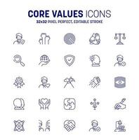 Core values icon set. Editable stroke set of icons core values. Target and goals related vector line symbol