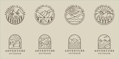 conjunto de montaña y lago logo línea arte vector simple minimalista ilustración plantilla icono diseño gráfico. colección de paquetes de varias aventuras y signos o símbolos al aire libre para viajes de negocios