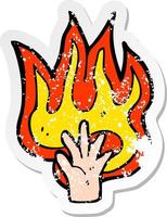 retro distressed sticker of a flaming hand symbol vector