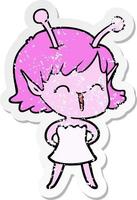 distressed sticker of a cartoon alien girl laughing vector