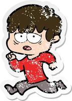 distressed sticker of a cartoon exhausted boy vector