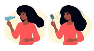 afro american the girl's hair falls out from the hair dryer. Hair care problem. Before and after Colored element sign from beauty salon collection. Flat Hair Drying icon sign for web design vector