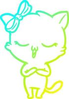 cold gradient line drawing cartoon cat with bow on head vector