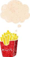 cartoon fries in box and thought bubble in retro textured style vector