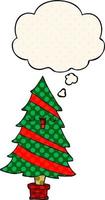 cartoon christmas tree and thought bubble in comic book style vector