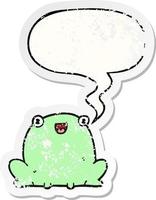 cute cartoon frog and speech bubble distressed sticker vector