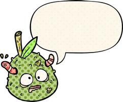 cartoon rotting old pear and worm and speech bubble in comic book style vector