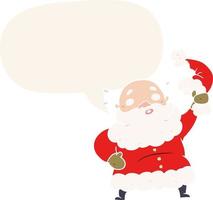 cartoon santa claus waving his hat and speech bubble in retro style vector